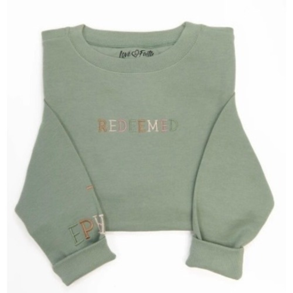 Love in Faith Redeemed Sage Green Embroidered Sweatshirt Eph 2:8 Crewneck Top